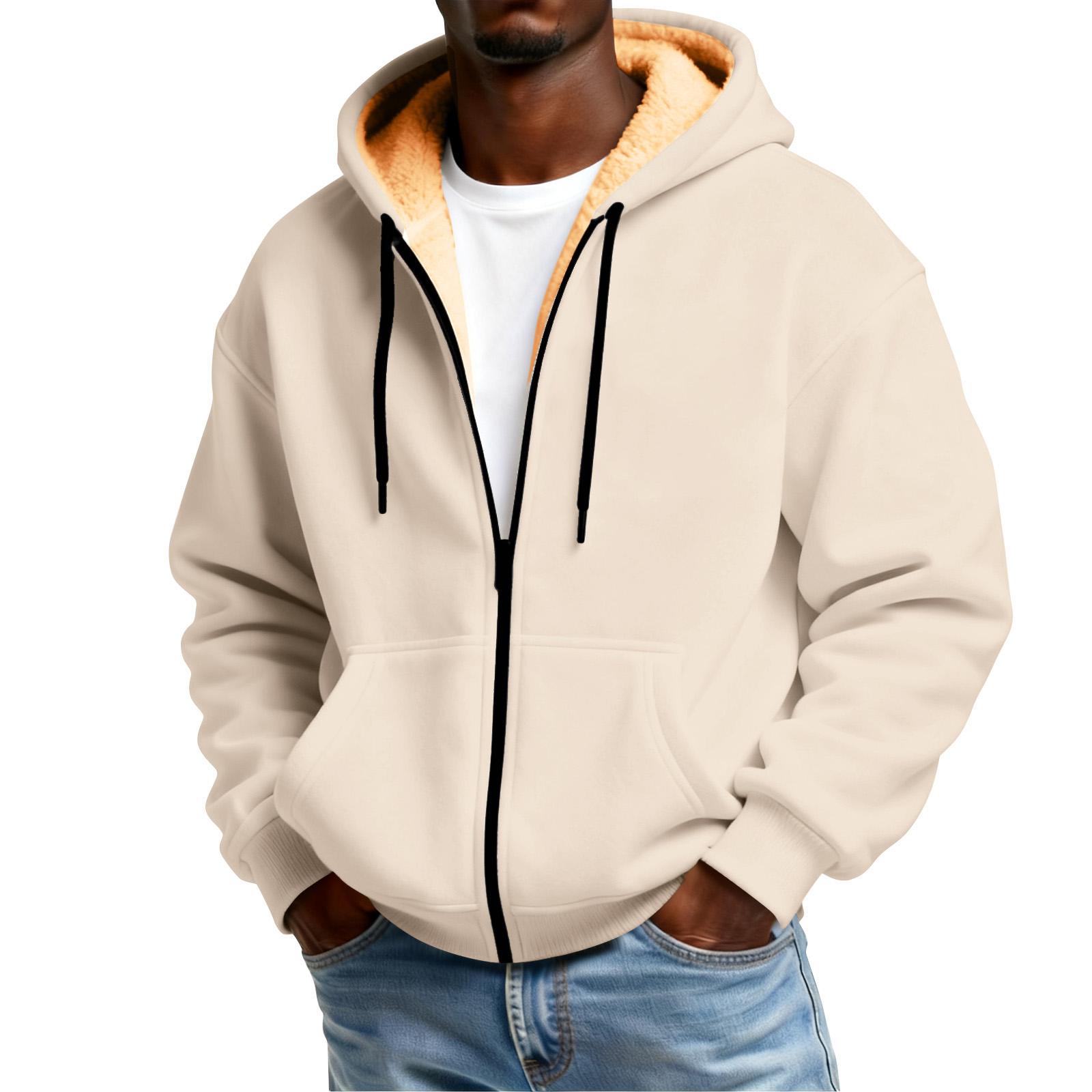 Men s Color Fleece-Lined Zip-Up Pocket Hooded Sweatshirt Cardigan Men s Casual Sweatshirt Cardigan L бежевый