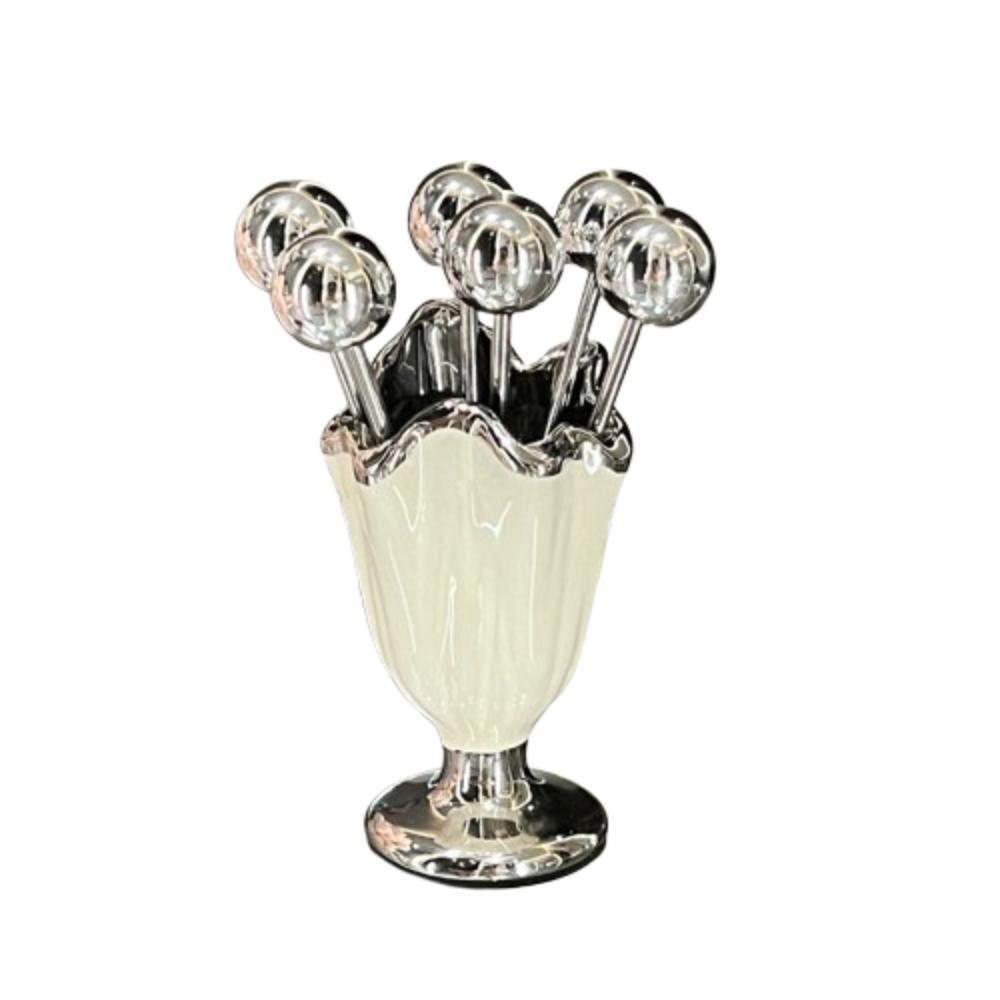 6Pcs Light Luxury Fruit Forks Set Stainless Steel Fruit Picks Storage Jar Set  For Tasting Salad