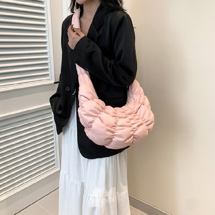 Women Solid Color PU Leather Shoulder Crossbody Bag Pleated Padded Handbag Purse