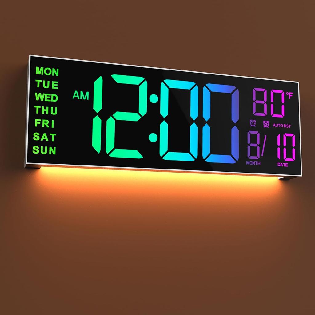 JALL 16" Large Digital Wall Mount Clock, Count Down Timer, Alarm, Big LED, 8 RGB Color, DST, Temperature for Living Room Classroom Desk, Xmas,