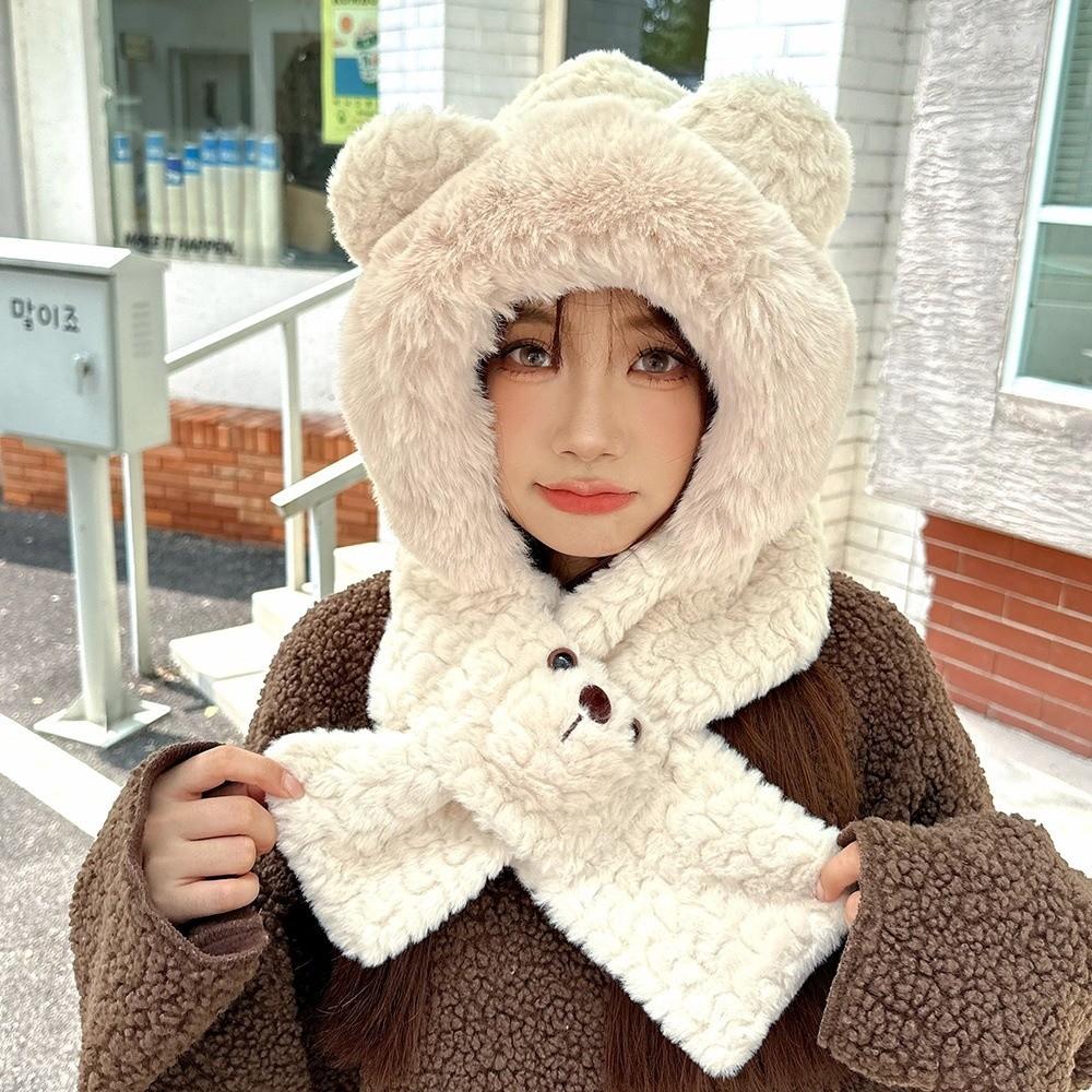 Cartoon 2 in 1 Plush Scarf Warm Winter Neckerchief Cute Bear Ear Hat  Ski