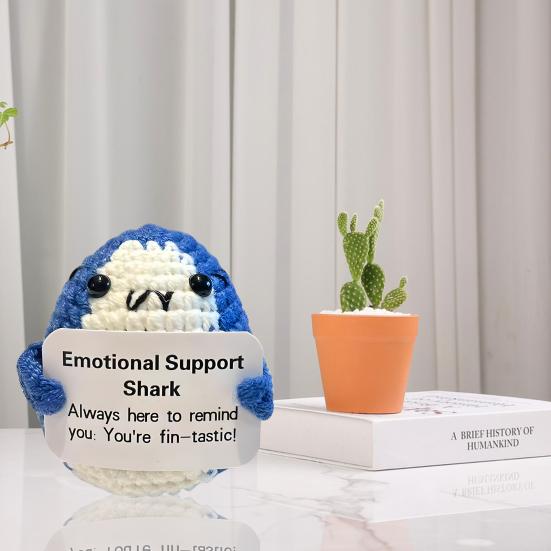 Emotional Support Shark Knitted Doll Positive Crochet Shark Gift Handcrafted Stress Relief Doll with Motivational Card Home Office Decor