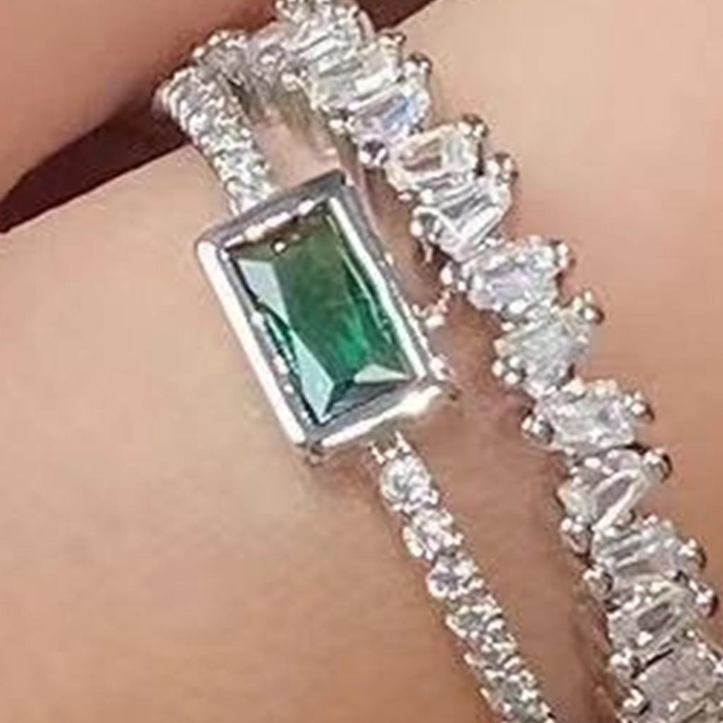 Fashionable Emerald Green Crystal Double Layer Ring Adjustable Opening Ring Copper Crafted Jewelry For Her