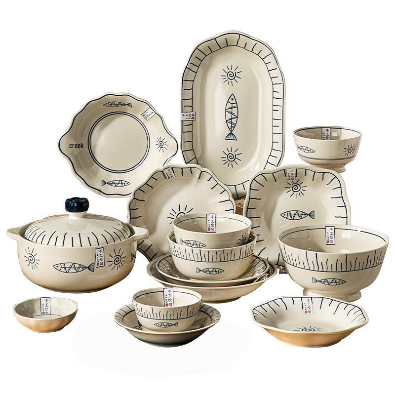 Japanese Ceramic Dinnerware Set: Includes Round & Square Plates, Fish & Steaming Plates, Side Dish Plates, and Bowls.
