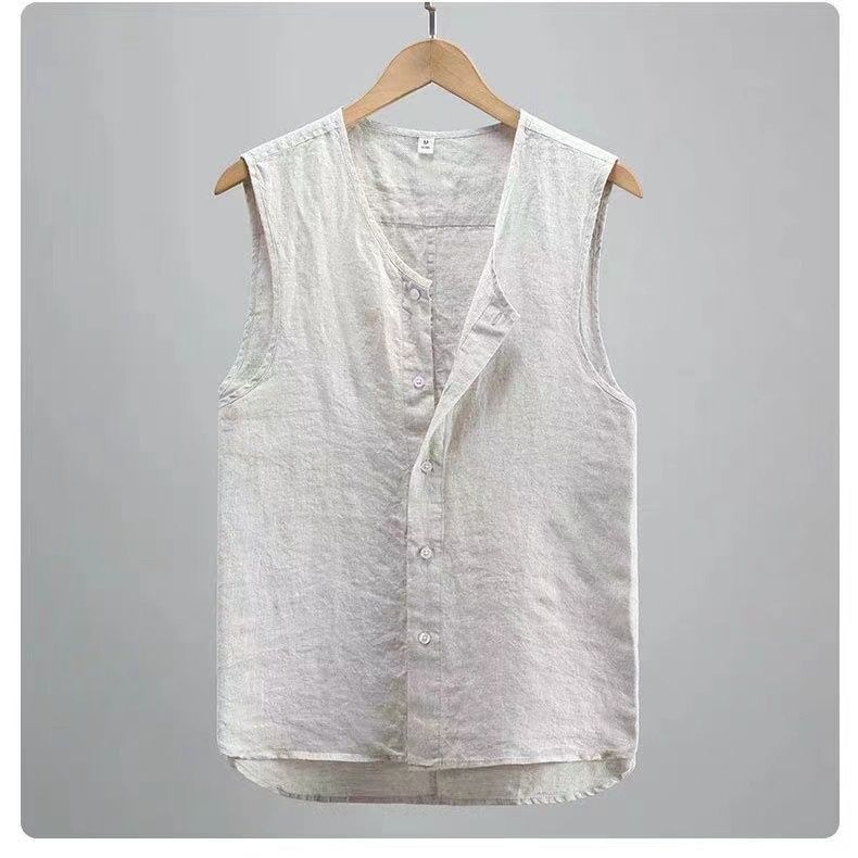 

Элегантная мода Harajuku Slim Fit Мужская одежда Свободные повседневные универсальные футболки Однотонные ажурные хлопковые льняные майки без рукавов XXL хаки