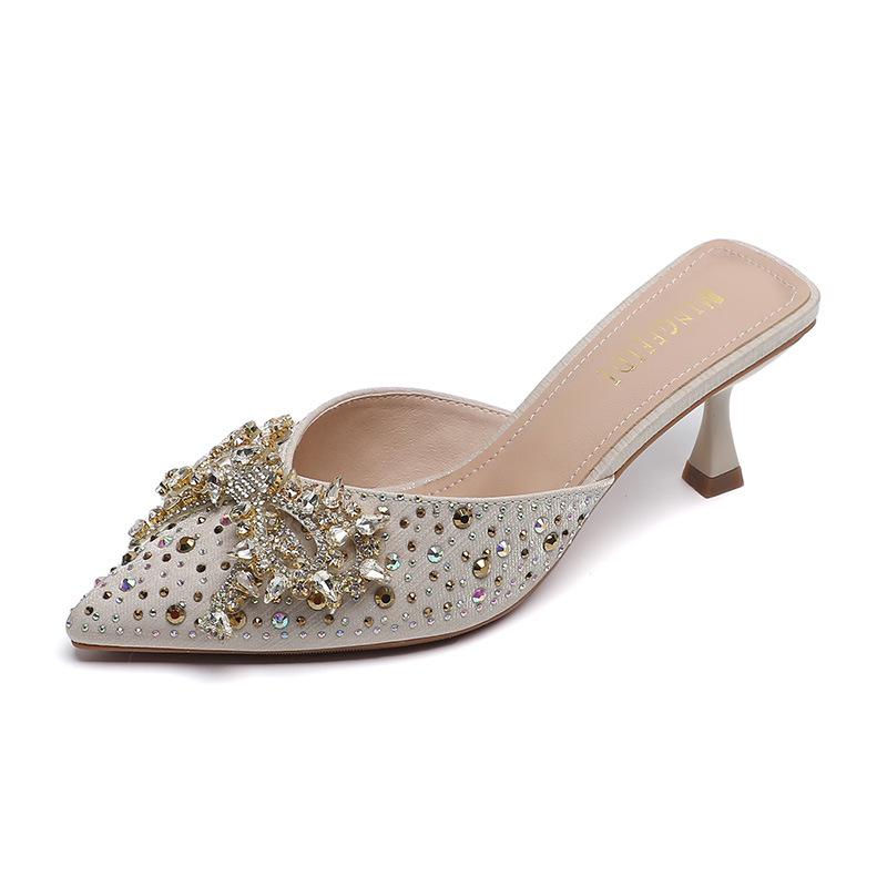 Fashion Delicate Crystal High Heels Shoes Ladies Fox Buckle Slippers Thin Heel Pumps Women Pointed Toe Mules Slides Brides Party Tacones