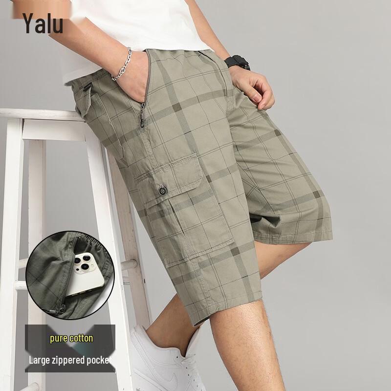 Yalu Men s Summer Plaid Loose-Fit Cotton 3/4 Length Pants 2XL