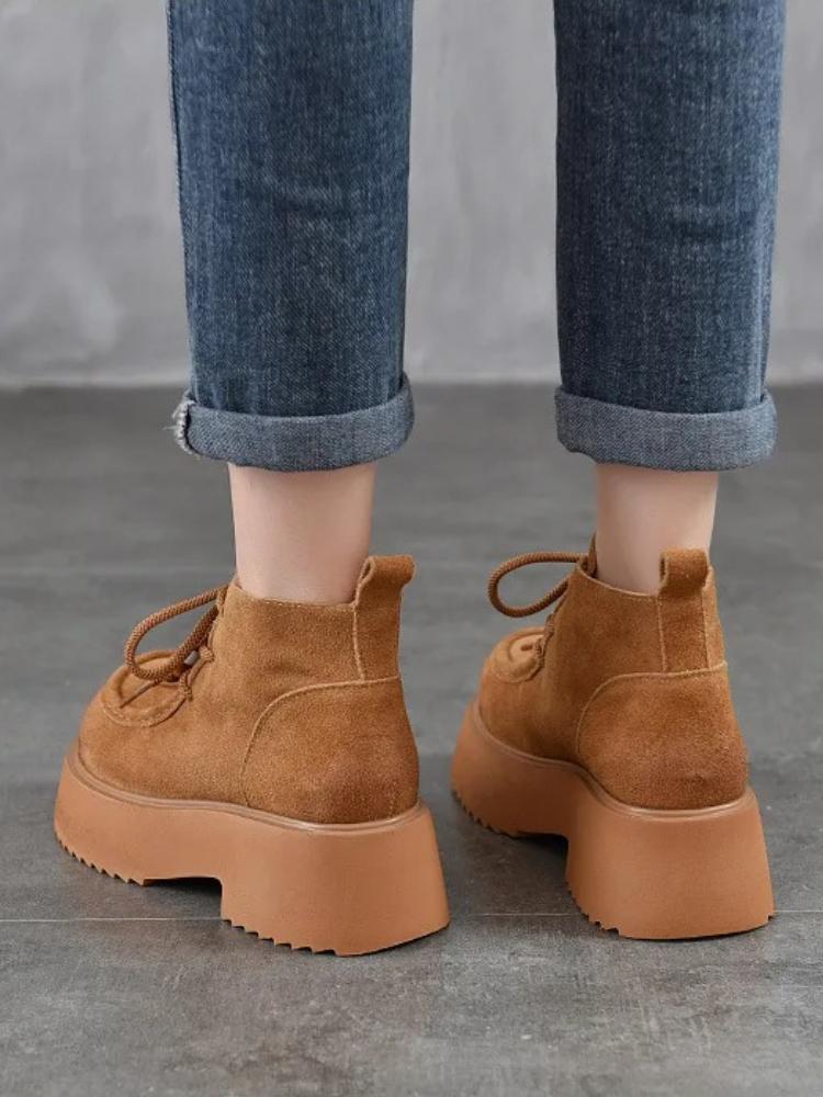 Johnature Thick Soled Handmade Beaded Round Toe Genuine Leather Short Boots Women's Lace-up Ankle Boots