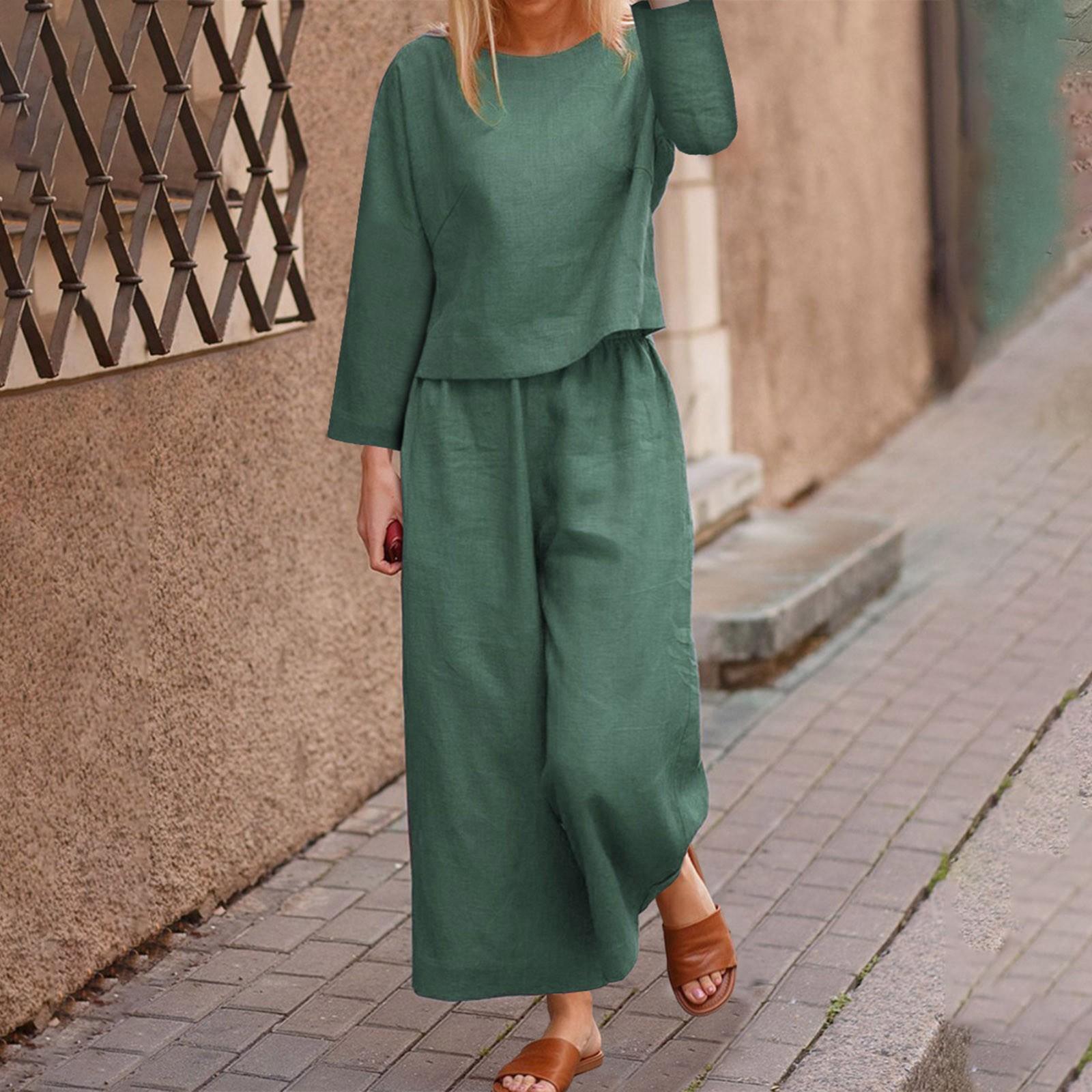 

Жіночий лляний костюм-двійка Лляний костюм Брюки та сорочки з довгими рукавами Повсякденний брючний костюм великого розміру з круглим вирізом Лляна блузка Вільні лляні штани XL темно-зелений колір