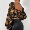 Vintage Long Sleeve Shirt with Print Women's Crop Top  Fashionable Lady Blouse