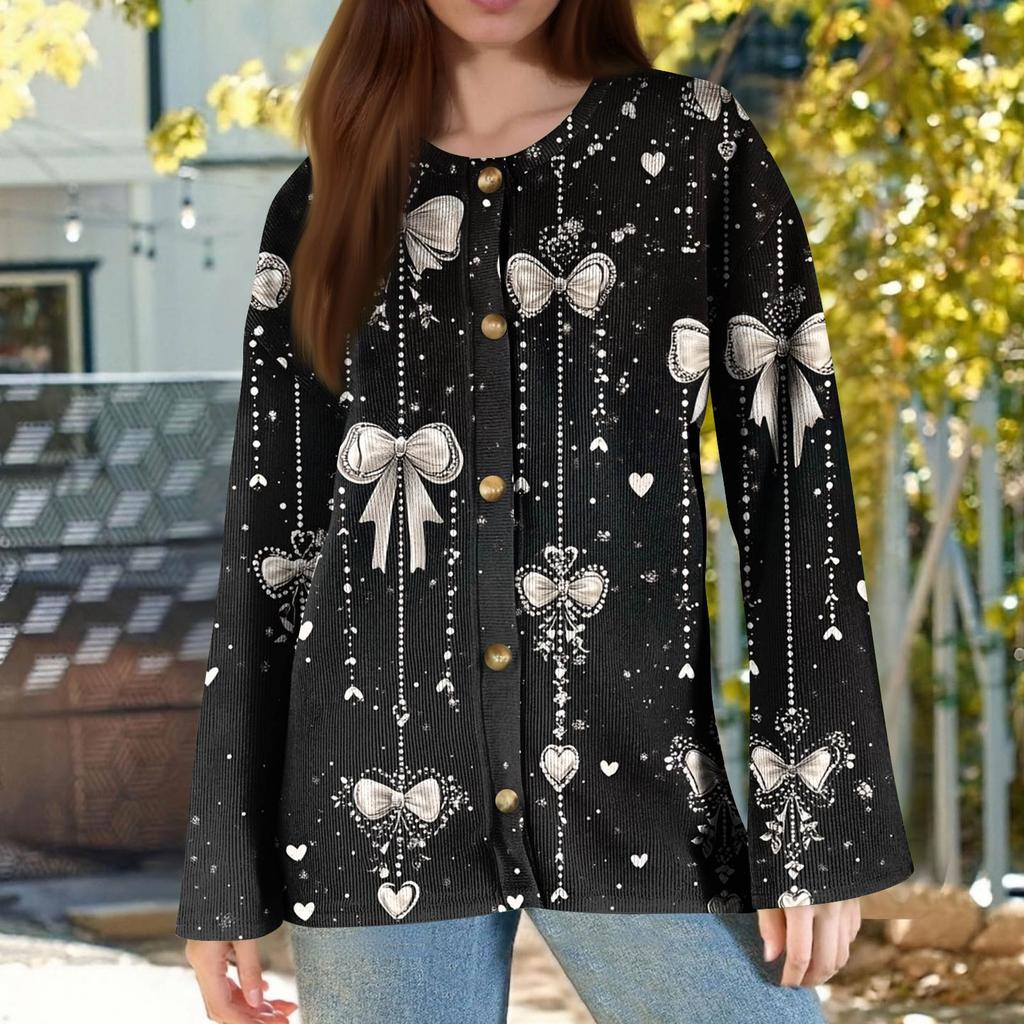 Women's Fashion Printed Long Sleeve Knitted Cardigan Button Down Jacket