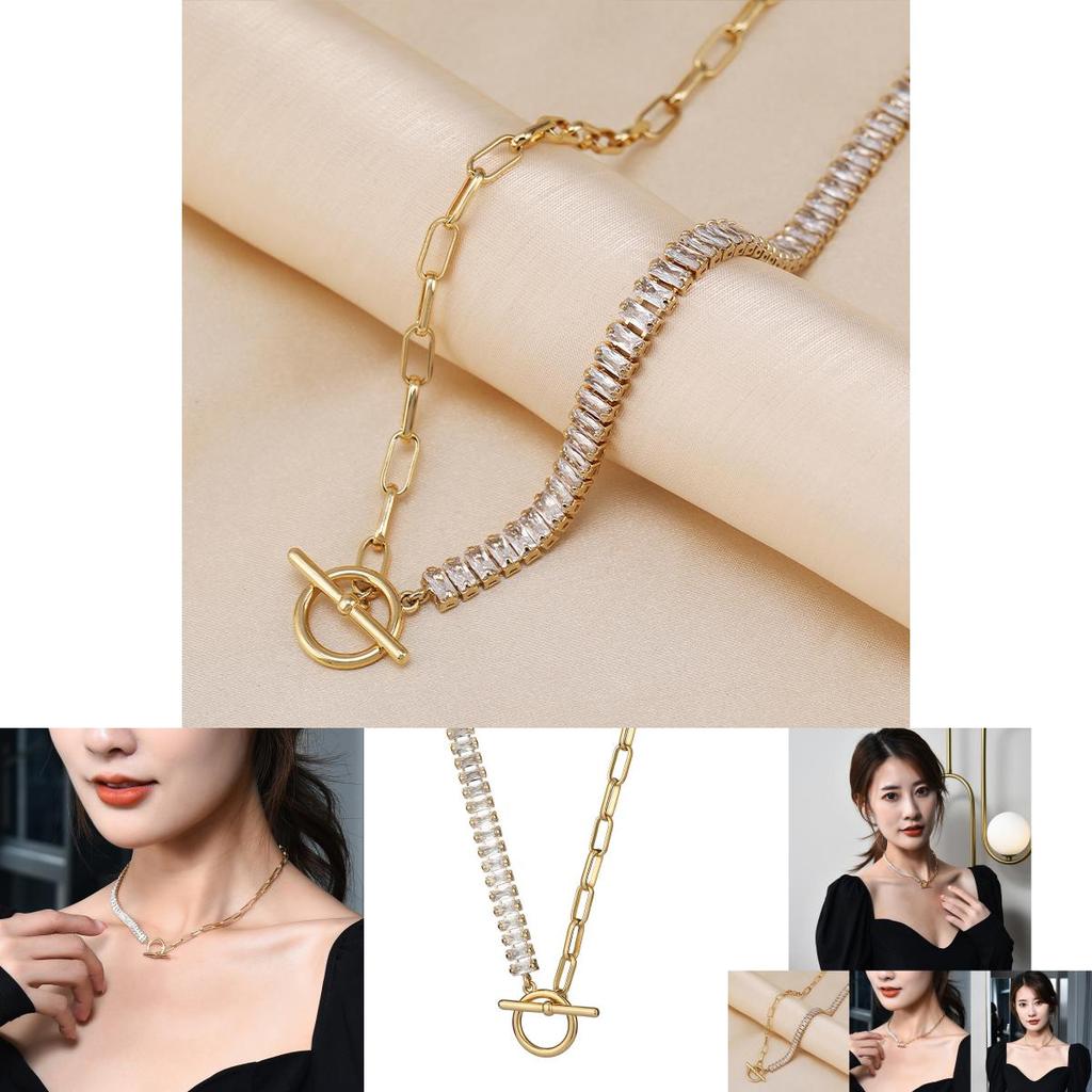 Elegant Asymmetriskt Titanståls Halsband Med Zirkonia För Kvinnor Perfekt För Gåvor