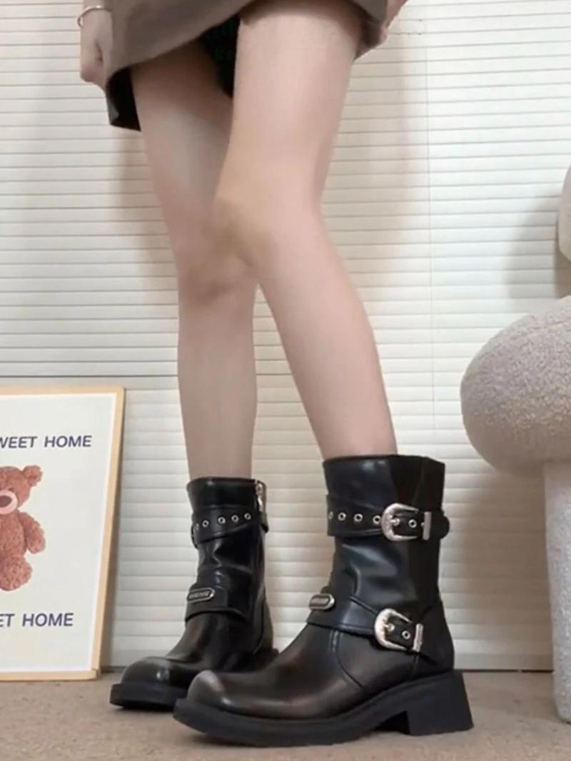 

Модные полусапоги до середины икры Женские полусапожки на среднем каблуке для женщин Ретро Новинка Дизайнерская Роскошь Работа по Акции 2024 Зимняя Новинка Пу 40