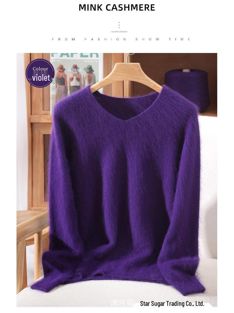Damen Schlank geschnittener V-Ausschnitt Nerz Kaschmir Pullover, Große Größen, Herbst/Winter Pullover