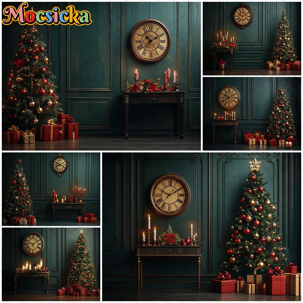 Mocsicka Christmas Photography Background Home Xmas Tree Dark Green Wall Decorations New Year Party Photo Backdrop Studio Banner