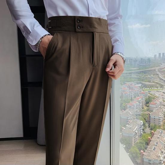 Pantalon de Costume pour Hommes Style d'affaires Formel Jambe Droite Coupe ajustée Couleur Unie Doux Taille Haute Poches Vintage Doux Respirant Pantalon de Bureau pour Hommes