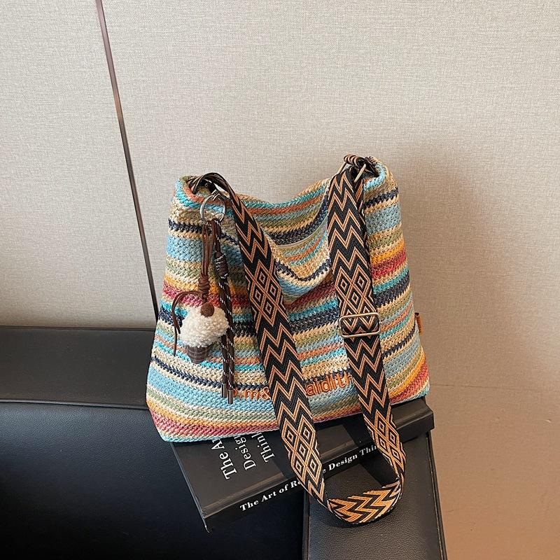 Rainbow Striped Woven Bag Women's New Fashion Commuter Tote Bag Shoulder Bucket Straw Woven Bag Tide