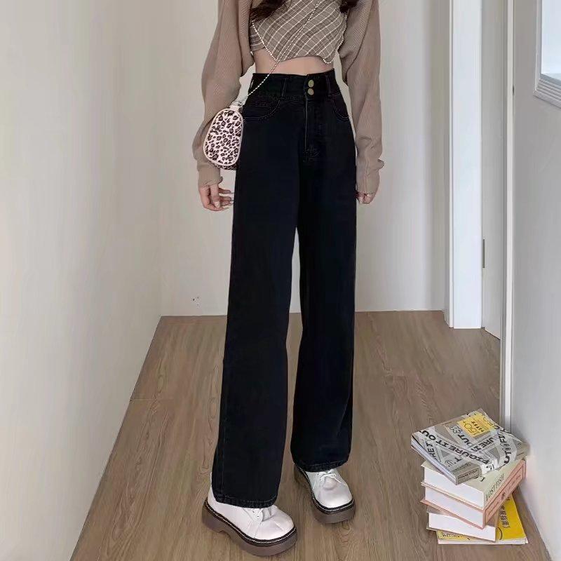 Black and gray drape jeans women's autumn design high waist hottie small loose straight mopping wide leg trousers