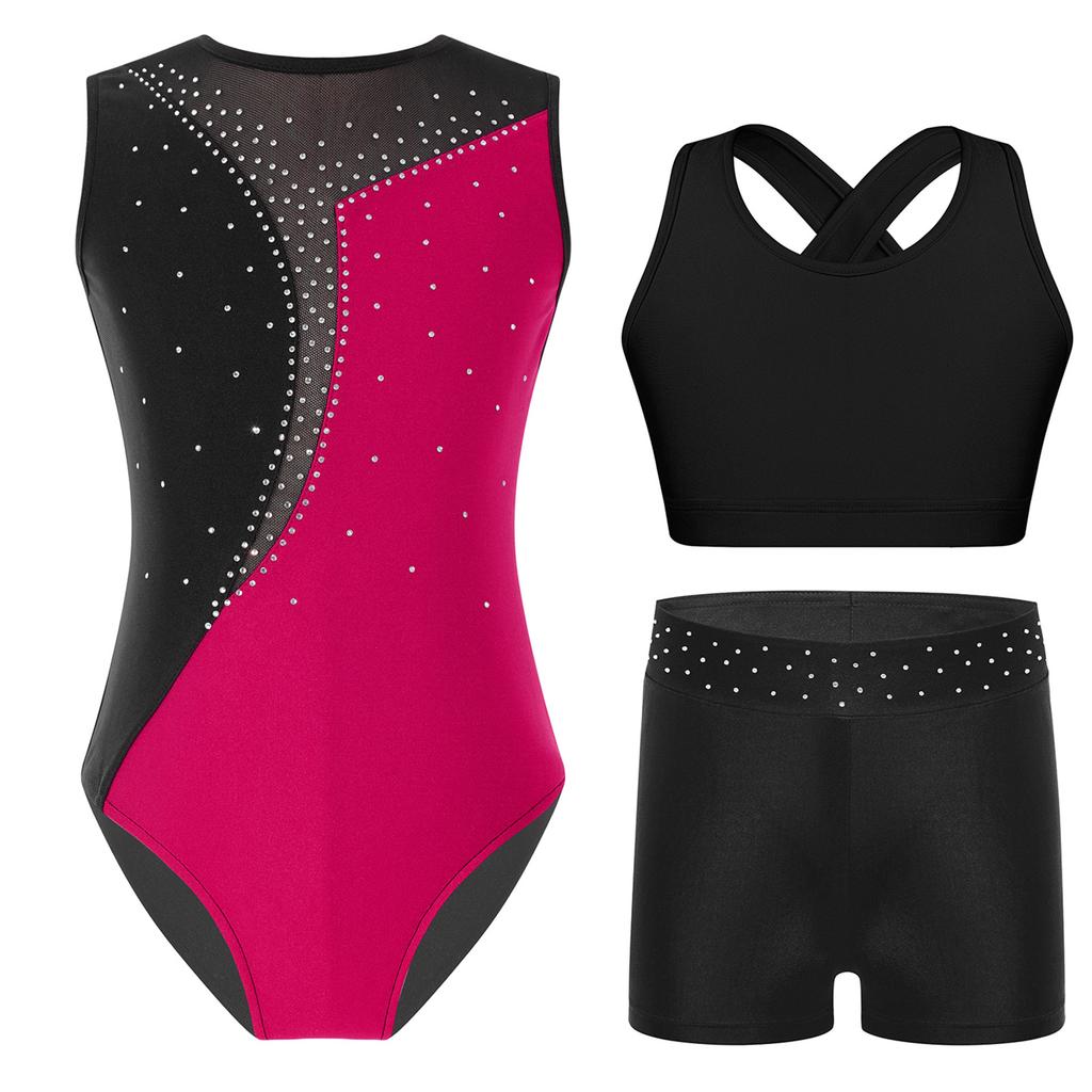 Ärmelloses Tanzset für Mädchen Glitzernde Strasssteine Kontrastfarben Gymnastik-Leotard mit Shorts und Top