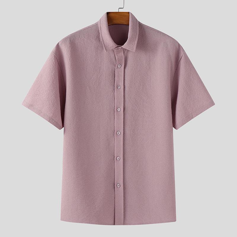 

INCERUN Summer Oversized Men Lapel Neck Short Sleeve Texture Casual Shirts 4XL рожевий