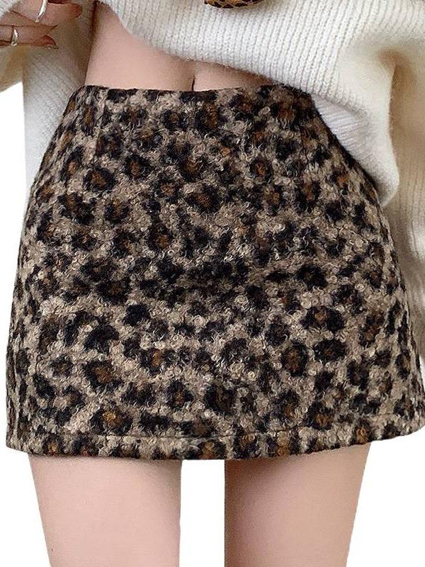 Autumn/Winter Leopard Print A-line High Waist Midi Skirt - Grey/Coffee