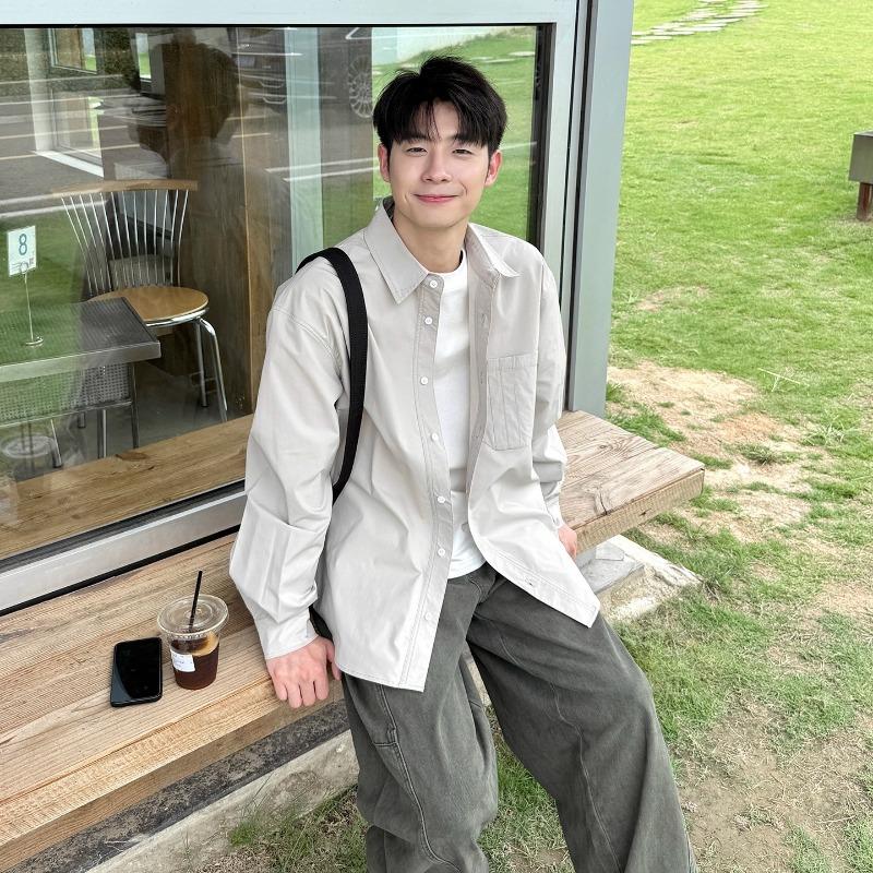

Men s Light Beige Pocket Detail Button Down Shirt Casual Oversized Streetwear Top M серый