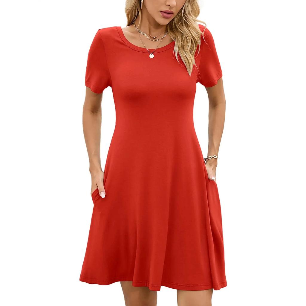 Dámské módní jarní a letní šaty s kulatým výstřihem, jednobarevné, s krátkým rukávem, áčkového střihu
