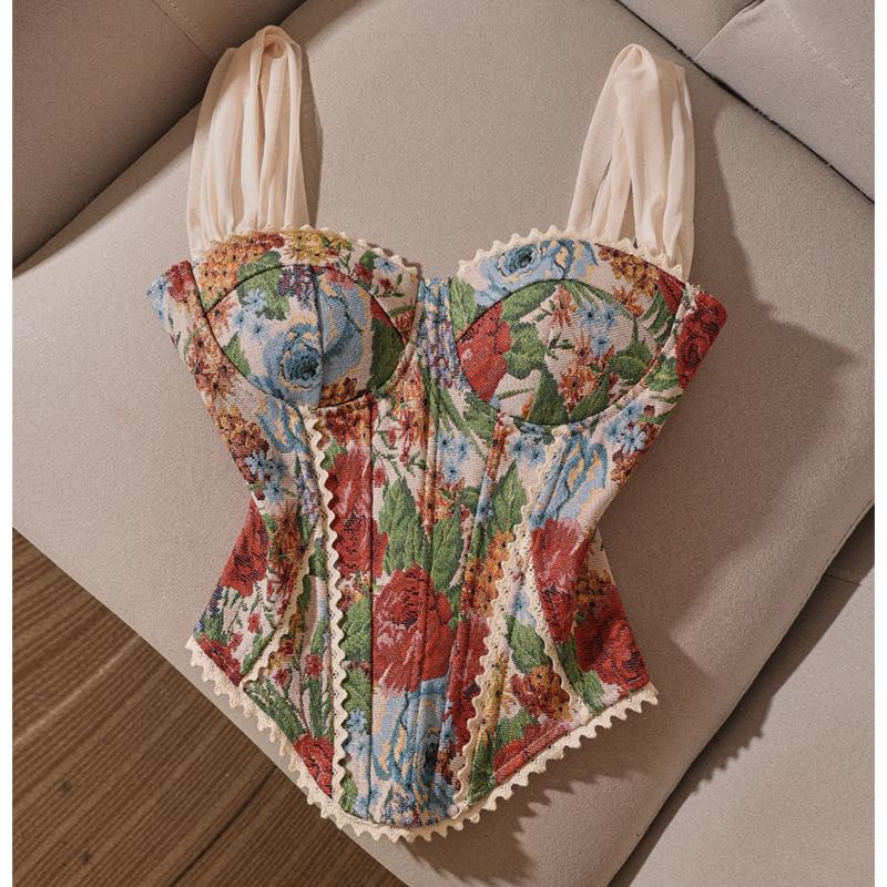 Women Strap Vintage Lingerie Camisole Sleeveless Lace Up Backless Mini  American Retro Slim Sexy Print Tank