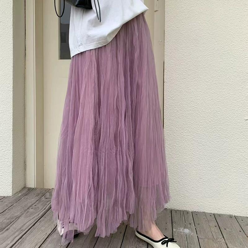 DIMANAF 2025 Spring Mesh Women New Skirts Solid Elastic Elegant White Pleated Skirts High Waist