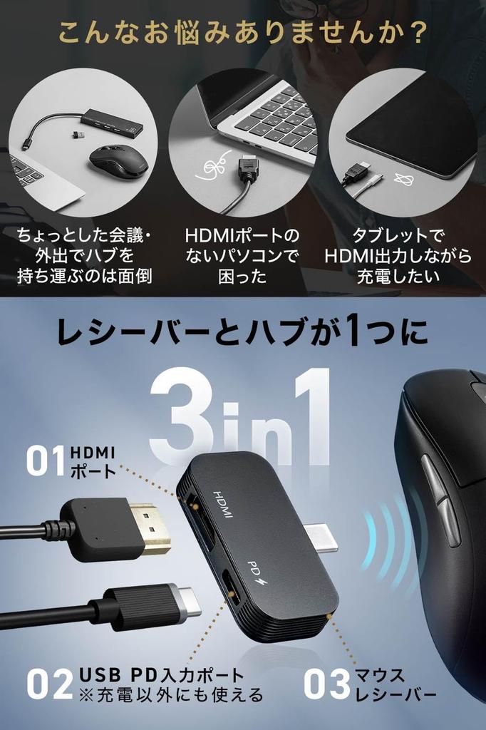 Sanwa Direct Wireless Mouse with USB Hub Function, Bluetooth Receiver, 2.4G, USB-C To HDMI Adapter, 4K60Hz, PD Charging, Rechargeable, 5 Buttons,