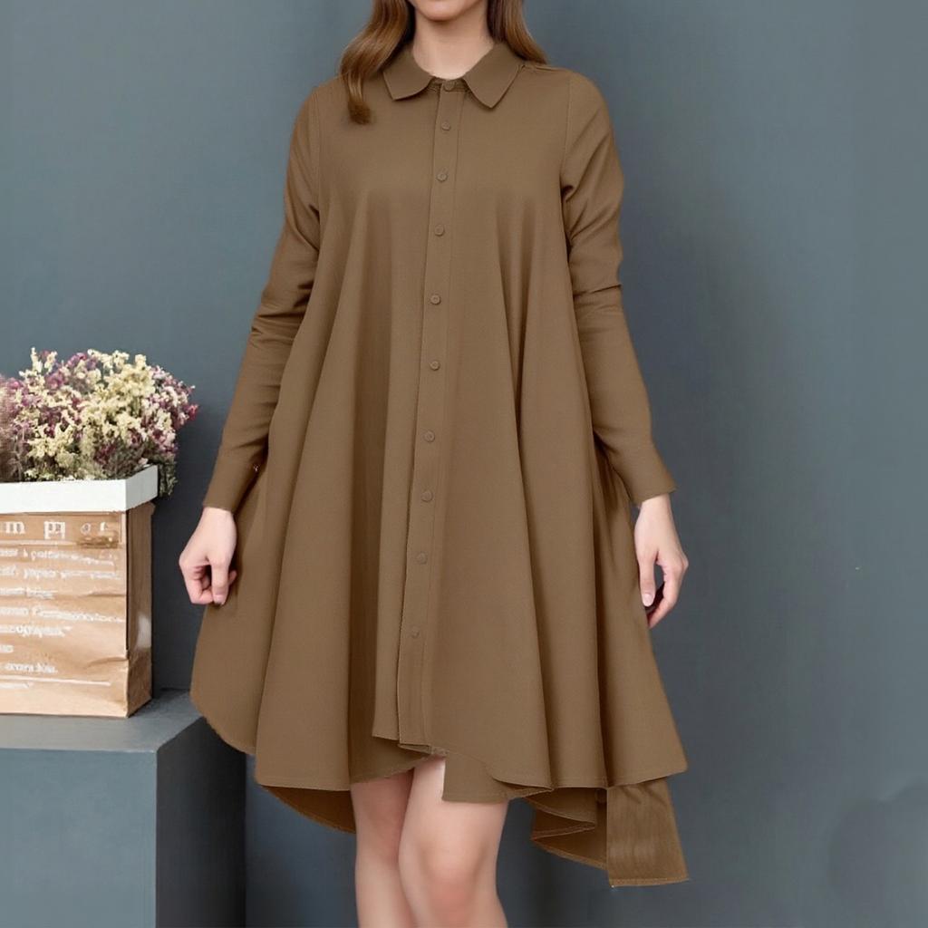 Muslim Women's Lapel Wrap Button Placket Swallowtail Curved Hem Multicolor Long Sleeve Women's Shirt Dresses