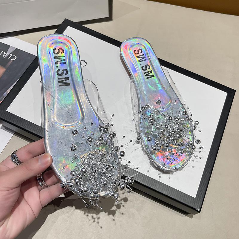 

Блестящие серебристые прозрачные бусины баотоу полушлепанцы женская верхняя одежда 2025 лето супер огонь сандалии шлепанцы 40 серебряный