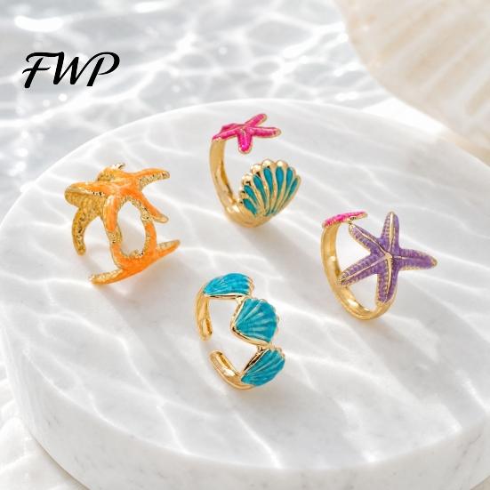 Conjunto de Anillos Apilables 4 Piezas/Set Serie Océano, Múltiples Estilos Diseño de Estrella de Mar y Concha Anillos Apilables Anillo de Dedo, Aleación Ajustable para Regalo de Joyería Tamaño