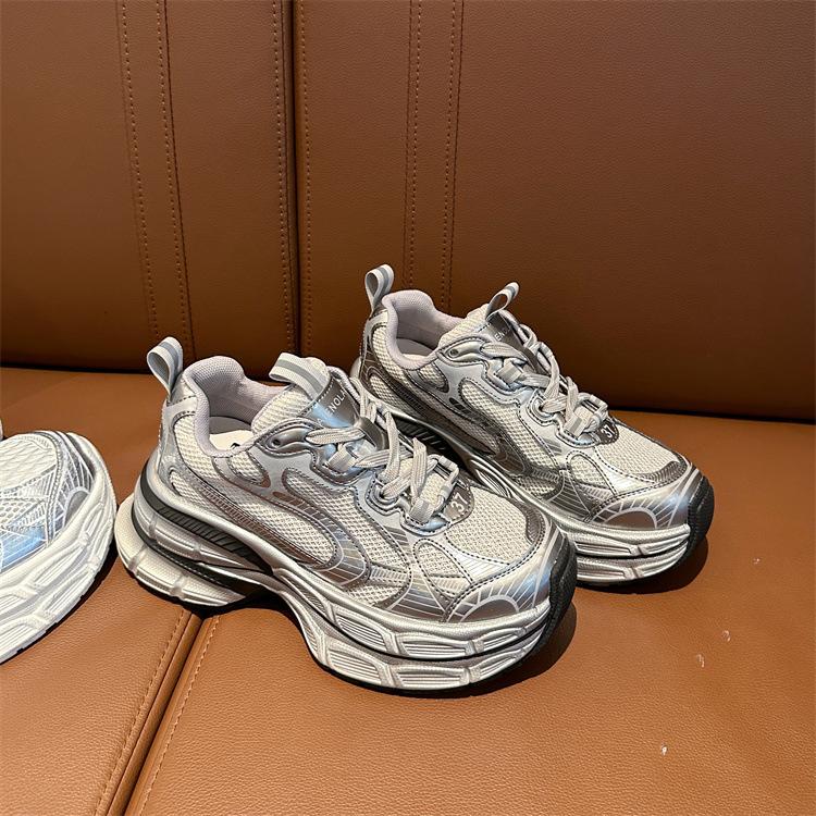 Buty sportowe letnie srebrne grube dno buty pops damskie buty zwiększające wzrost oddychająca siateczka cienkie modele wygodne klasyczne codzienne trampki