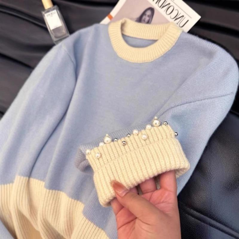 Blue Heavy Industry Cuffs Beaded Soft Waxy Knitted Sweater Women's Autumn and Winter New Models with Thin Underlining