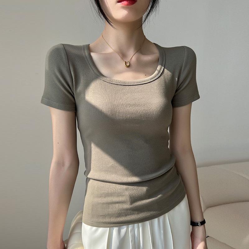 Women's Ribbed Square Neck Cotton T-Shirt: High-Elastic Short Sleeve, Stylish Slim Fit, Summer 2025 Collection