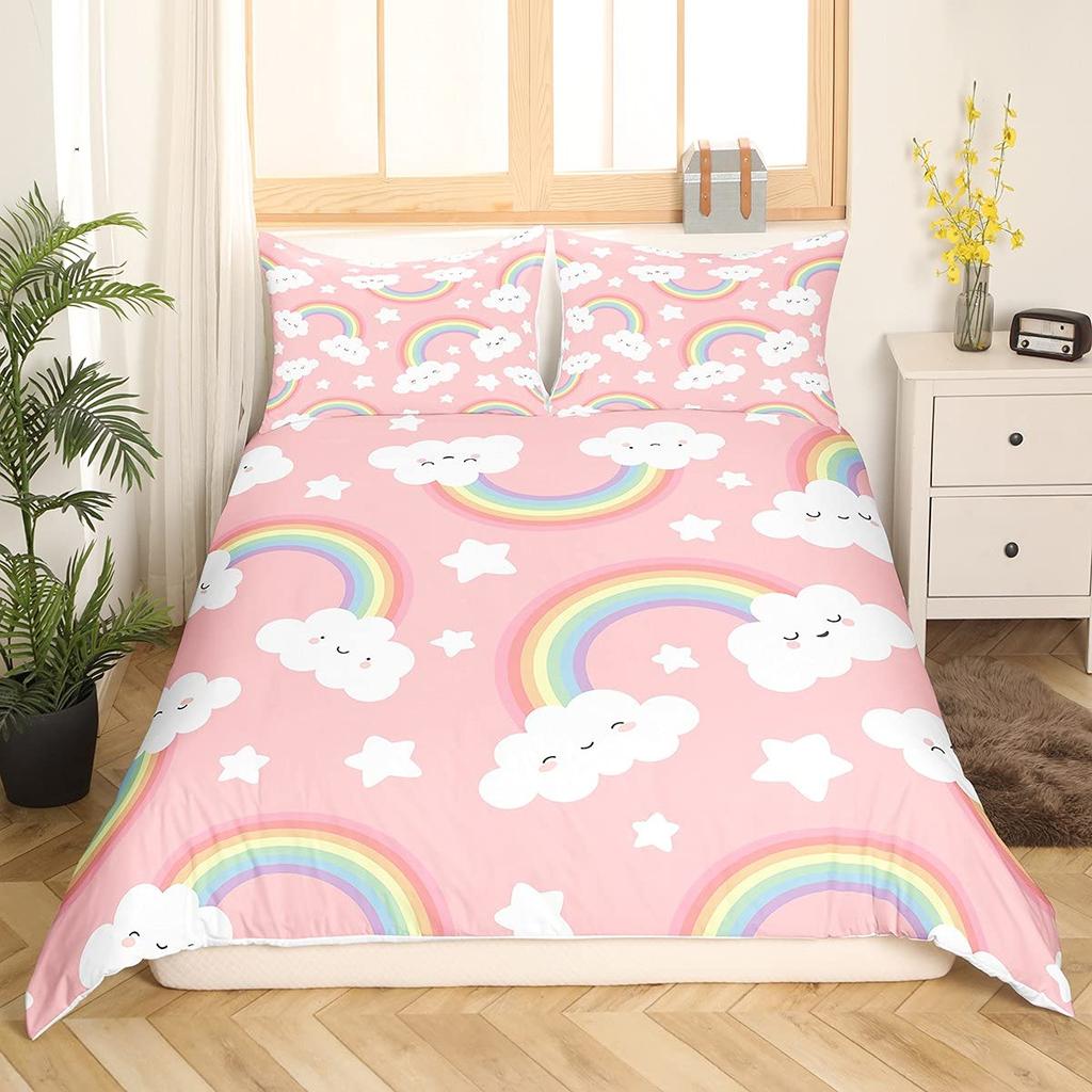 Carton Rainbow King Quen Soft Duvet Cover Children Kids Young Girls Clouds Beding Set Love Heart Warm Comforter Cover Polyester Comfortable Quilt