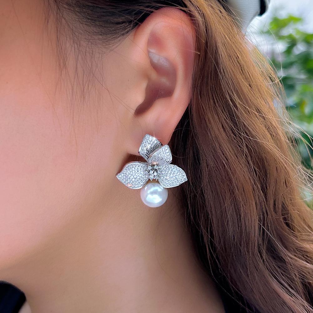 Zircons Noble White Gold Color Cubic Zirconia Elegant Big Flower Dangle Pearl Earrings for Women Wedding Party Jewelry E1150