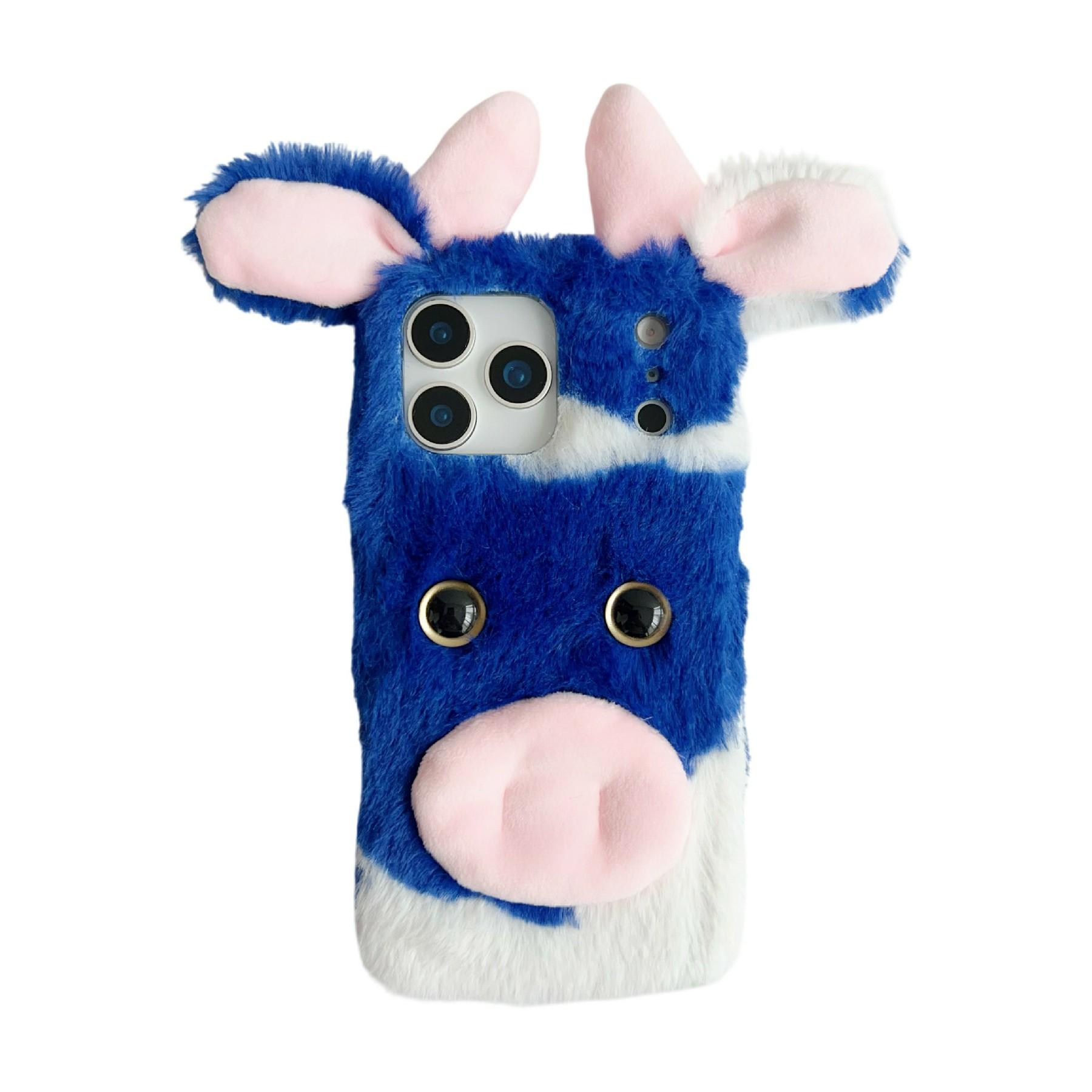 

For iPhone 17 Pro Case Fluffy Cute Cow Winter Plush Inner TPU Phone Cover Blue