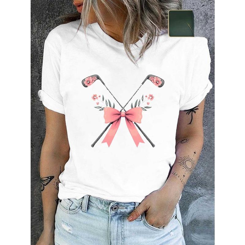 

Женская футболка европейского размера с принтом Pure Golf & Floral - Дизайн с перекрещенными клюшками и розовым бантом, Повседневная футболка с круглым вырезом для комфорта в любое время года S белый