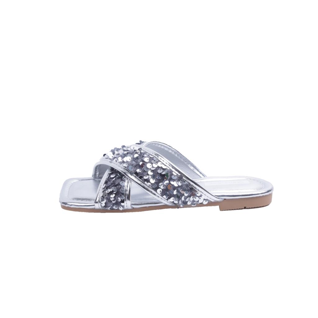 Fashion Aphixta Bling Sequined Decoration Flat With Slippers Cross Straps Casual Women Outside Slides Square Toe Summer Sandals Shoe