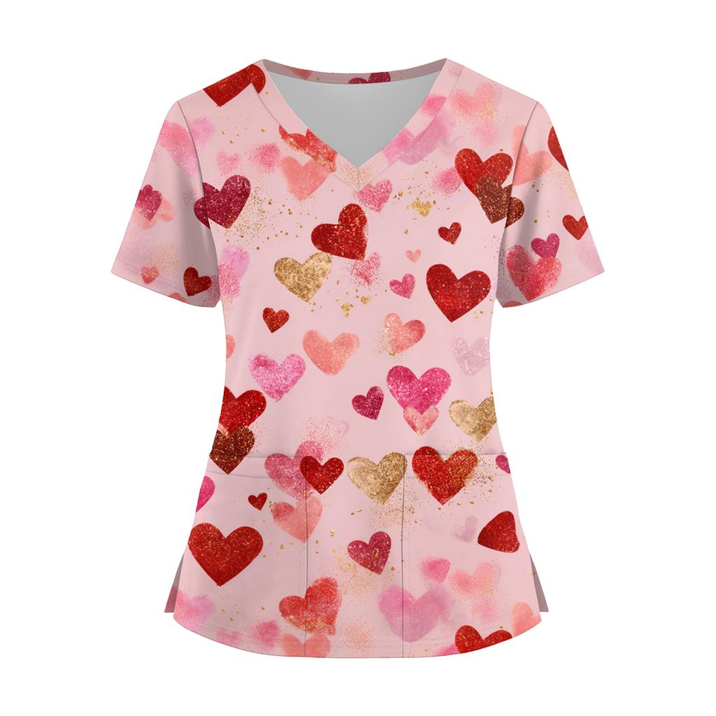 Damenmode V-Ausschnitt Kurzarm Overalls mit Taschen Print Tops Kleidung