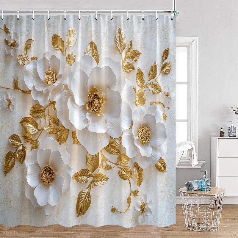 Luxury Gold White Floral Shower Curtain Rose Butterfly Cherry Blossom Modern Art Flower Polyester Fabric Bathroom Curtains Dec