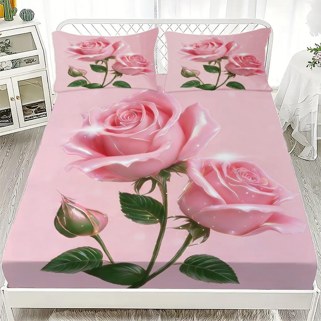 1PC Soft Fitted Sheet, 3D Romantic Floral Roses Print, 100% Polyester Washable Bed Sheet for Girls Adults, Queen Size Room Decor