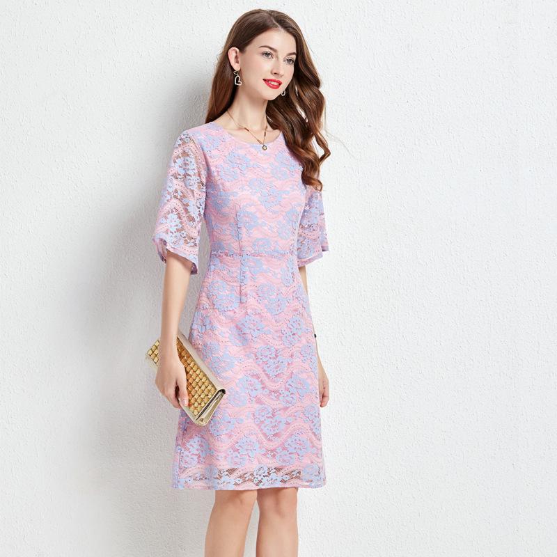 

Брендовое летнее платье с цветочным кружевом: Большой размер, Стройнящий, Универсальный, Молодящий, Повседневный 5XL порошок синий