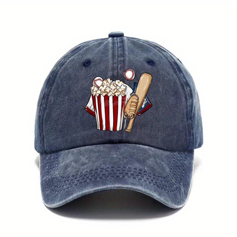 

Baseball Popcorn Bat & Ball Graphic Baseball Cap Unisex Adjustable Outdoor Sun Protection One Size темно-синий
