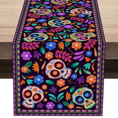 Mexican Skeleton Tablecloth - New Mexican Day of the Dead Table Runner, Mexican Sugar Skull Kitchen and Restaurant Decor, Rustic Linen Tablecloth, Mex