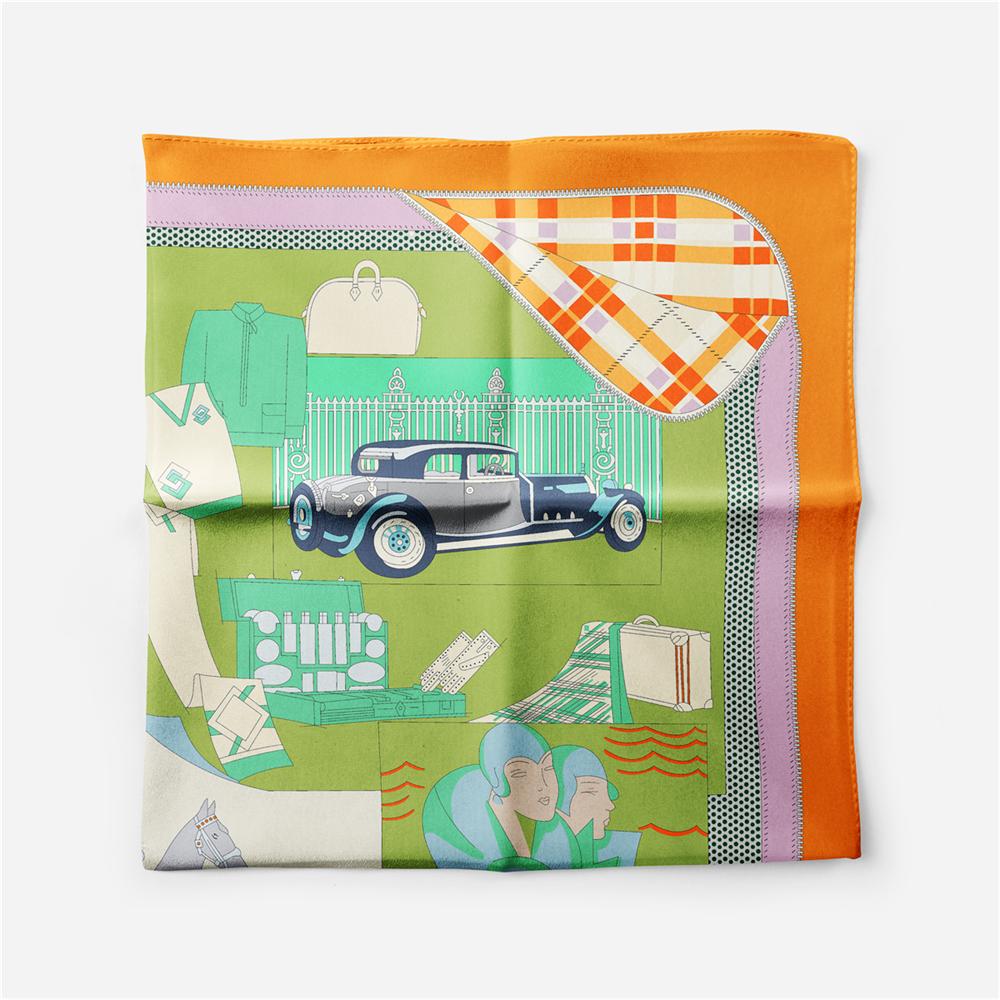 Silk Scarf Women France Car Print Square Scarves Wraps Bandana Small Hijab Foulards Lady Tie Headband Neckerchief