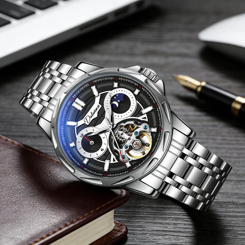 Tourbillon Skeleton Moon Phase Mens Watches Top Brand Luxury Stainless Steel Luminous Automatic Mechanical Watch