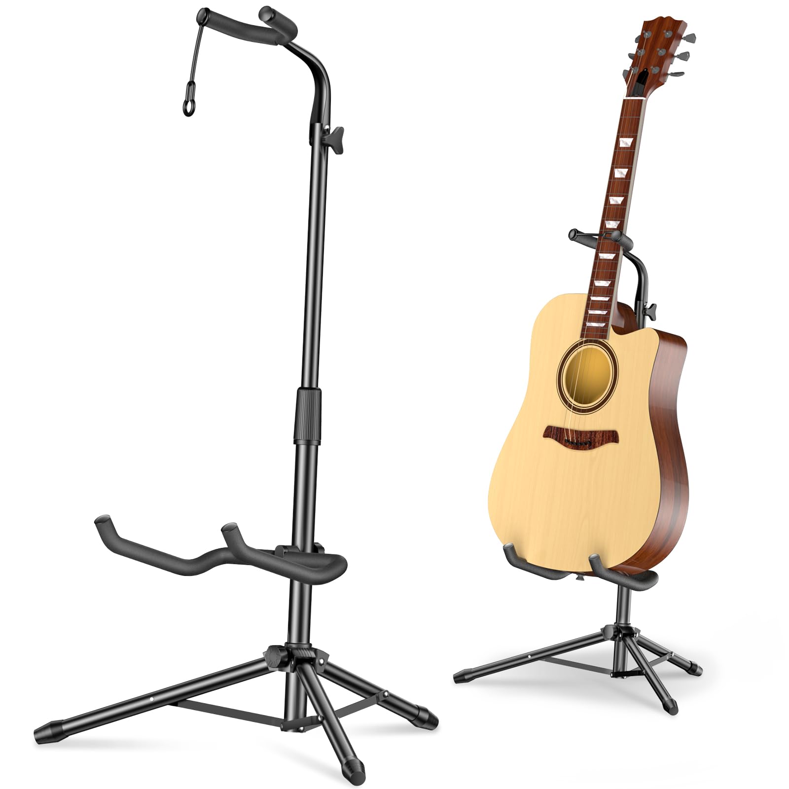 

New Bee GH02 Folding Guitar Stand, Adjustable Height 75-87cm, with Anti-Tip Rubber, Black